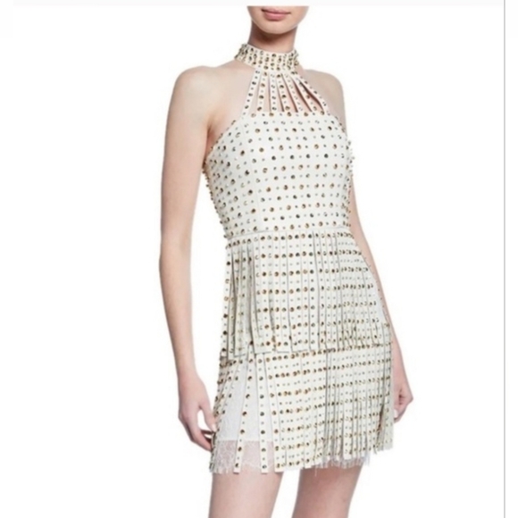 Alice + Olivia Maddie leather studded fringe halter mini dress Size 8 NWT $1,695 - Picture 2 of 14